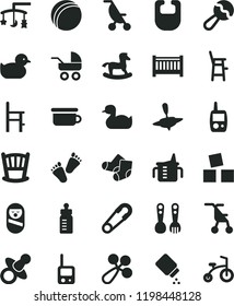 solid black flat icon set cradle vector, baby cot, toys over the, dummy, measuring cup for feeding, bottle, powder, bib, beanbag, rattle, carriage, summer stroller, sitting, safety pin, rubber duck
