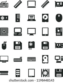 solid black flat icon set floppy disk vector, laptop, monitor, keyboard, screen, processor, computer, tablet pc, notebook, radiator fan, mouse, power supply, tower, motherboard, memory, card, hdd