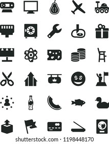 solid black flat icon set repair key vector, monitor, scissors, rubber duck, a chair for feeding child, flag, strongbox, gift, coins, unpacking, piece of cheese, fish, bottle soda, slice melon, atom