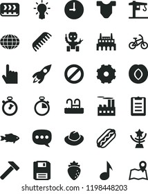 solid black flat icon set truck lorry vector, stopwatch, prohibition, hat, Child T shirt, comb, crane, hammer, wall clock, index finger, Hot Dog, fish, plum, raspberry, industrial building, factory
