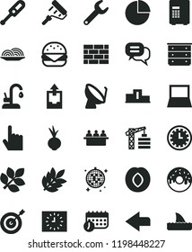 solid black flat icon set clock face vector, left direction, pie chart, upload archive data, chest of drawers, electronic thermometer e, tower crane, brickwork, paint roller, kitchen faucet, onion