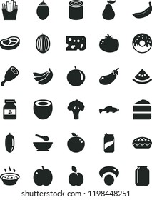 solid black flat icon set deep plate with a spoon vector, piece of cheese, tin, cake, glazed hole, apple pie, porridge in saucepan, chicken thigh, bacon, tomato, French fries, small fish, soda can