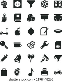 solid black flat icon set repair key vector, paper bag, nappy, children's potty, colored air balloons, Kick scooter, paint roller, plastic brush, bell, notes, plate, popcorn, medlar, blueberries