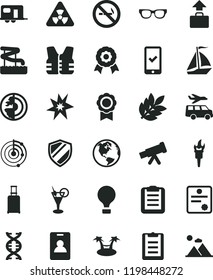 solid black flat icon set telescope vector, glasses, nuclear, dna, clipboard, radar, earth core, medal, biology, patente, flame torch, bang, camper, sail boat, air balloon, identity card, baggage