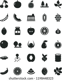 solid black flat icon set slices of onion vector, cabbage, jar jam, cherry, large grape, pear, tasty apple, raspberry, slice melon, half peach, sweet date fruit, juicy lemon, banana, tamarillo, beet