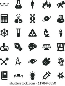 solid black flat icon set cradle vector, flask, test tube, microscope, telescope, molecule, glasses, nuclear, dna, bulb, brain, book, globe, flame, scientist, calculator, drawing compass, sun panel