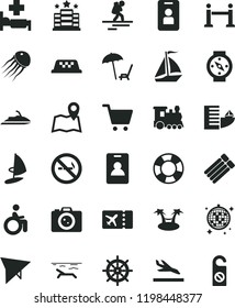 solid black flat icon set train vector, sail boat, taxi, hang glider, backpacker, rope barrier, identity card, plane ticket, arrival, hotel, beach, arnchair under umbrella, disco ball, hospital bed