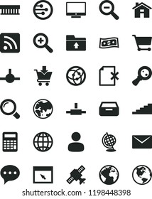 solid black flat icon set house vector, sign of the planet, zoom, out, rss feed, upload folder, envelope, magnifier, speech, earth, screen, drawer, delete page, put in cart, magnifying glass, man