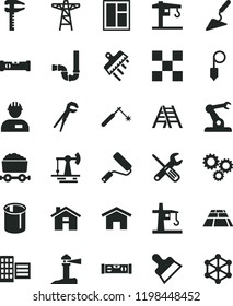 solid black flat icon set house vector, crane, workman, building trowel, window, small tools, adjustable wrench, new roller, ladder, siphon, construction level, city block, tile, plummet, spatula