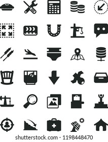 Solid Black Flat Icon Set Downward Direction Vector, Cradle, Diaper, Medical Bag, Small Tools, Left Bottom Arrow, Picture, Map, Big Data Server, Drawer, Size, Pie, Barbecue, A Glass Of Tea, Conveyor