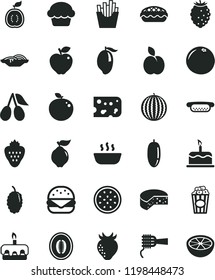 solid black flat icon set cake vector, piece of cheese, mini hot dog, big burger, slices onion, noodles, torte, apple pie, porridge, French fries, cup popcorn, strawberry, quince, red, cornels, half