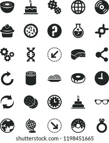 solid black flat icon set clock face vector, renewal, clockwise, question, birthday cake, wall, left bottom arrow, CD, earth, right, cheese, tin, pizza, onion, muffin, with a hole, glazed, biscuit