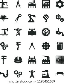 solid black flat icon set hook vector, gears, cogwheel, adjustable wrench, sewerage, construction helmet, gear, working oil derrick, valve, factory, power line, pole, industrial building, enterprise