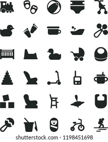 solid black flat icon set baby cot vector, mug for feeding, diaper, bib, beanbag, rattle, chair, car child seat, stroller, sitting, rubber duck, duckling, bath ball, children's bathroom, phone, a