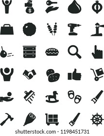 solid black flat icon set cargo trolley vector, magnifier, chest of drawers, small rocking horse, shoes for little children, drill, hand saw, arm, spatula, hammer with claw, core, index finger, fig