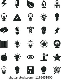 solid black flat icon set lightning vector, matte light bulb, incandescent lamp, window, saving, dangers, star, eye, storm cloud, lens, leaf, power pole, mercury, coastal lighthouse, electricity