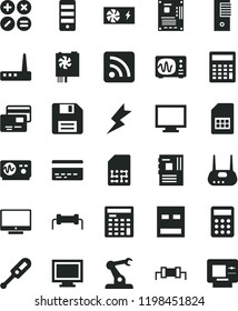 solid black flat icon set floppy disk vector, monitor, window, bank card, calculator, rss feed, electronic thermometer e, lightning, screen, cards, math actions, assembly robot, SIM, engineer, tower