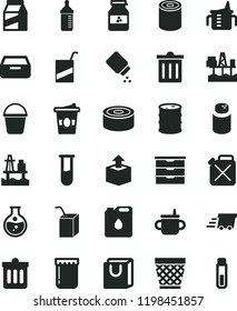 solid black flat icon set wicker pot vector, bin, storage unit, mug for feeding, measuring cup, bottle, powder, baby, e, packing of juice with a straw, bucket, dust, drawer, bag handles, package
