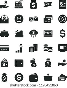 solid black flat icon set bank card vector, purse, cards, coins, shopping basket, denomination of the dollar, article on, get a wage, catch coin, wallet, money, dollars, cash, machine, cashbox, rain