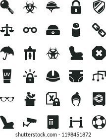 solid black flat icon set mark of injury vector, spectacles, scales, toys over the cot, nappy, powder, Baby chair, car child seat, winter hat, warm, construction helmet, lock, key, umbrella, glasses