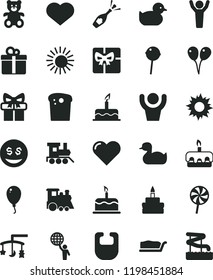 solid black flat icon set heart symbol vector, toys over the cradle, bib, rubber duck, baby duckling, teddy bear, toy train, children's, colored air balloons, balloon, cake, gift, Easter, slice, sun