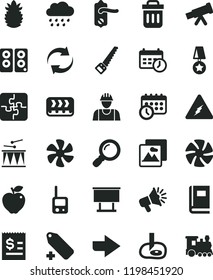 solid black flat icon set right direction vector, renewal, add label, rainy cloud, toy phone, drumroll, Puzzles, builder, arm saw, door knob, picture, red apple, ripe pineapple, marine propeller