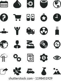solid black flat icon set question vector, employee, wall clock, eye, CD, strongbox, delivery, move right, pear, fig, half of coconut, radiation hazard, shopping cart, scientific publication, gears