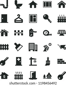 solid black flat icon set house vector, brick wall, building trolley, window, frame, long meashuring tape, wooden paint brush, toilet, siphon, key, door knob, ntrance, buildings, ceramic tiles, new