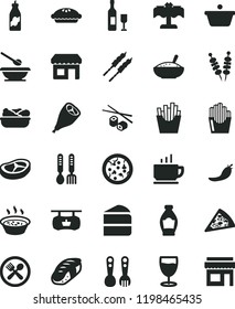 solid black flat icon set plates and spoons vector, plastic fork, iron, coffee, fried vegetables on sticks, pizza, piece of, cake, pie, a bowl rice porridge, in saucepan, lettuce plate, bacon, sushi