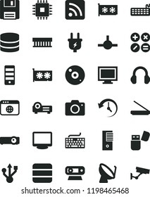 solid black flat icon set monitor window vector, camera, keyboard, rss feed, math actions, plug, satellite dish, radiator fan, pc tower, cpu, gpu card, web, usb, cd, scanner, flash, headphones