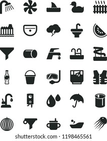 solid black flat icon set mug for feeding vector, rubber duck, children's bathroom, bucket, washbasin, sink, shower, faucet mixer, kitchen, boiler, umbrella, storm cloud, a glass of tea, bottle soda