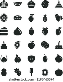 solid black flat icon set cake vector, birthday, muffin, piece of, apple pie, popsicle, strawberries, a pineapple, biscuit, half pomegranate, grape, branch, quince, red, tasty, strawberry, fig, ripe