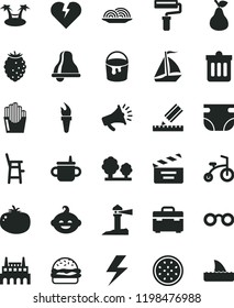 solid black flat icon set paint roller vector, lightning, bell, movie cracker, mug for feeding, nappy, a chair child, funny hairdo, bicycle, bucket, suitcase, drawing, dust bin, broken heart, burger