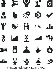solid black flat icon set check mark vector, chart, hand shake, growth graph, pedestal, cup, star, stairway, man hands up, medal, with flag, motivation, hold, hero, certificate, gold ring, arm key
