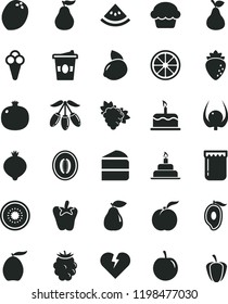 solid black flat icon set birthday cake vector, broken heart, piece of, peper, coffe to go, cone, jam, pear, ripe peach, pomegranate, branch grape, raspberry, medlar, blackberry, half mango, loquat