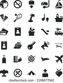 solid black flat icon set earth vector, plane, sail boat, escalator, identity card, rolling suitcase, passort control, baggage, getting, credit, hotel, tent, beach, palm tree, disco ball, cafe, key