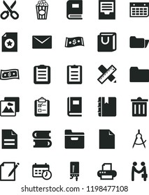 solid black flat icon set scissors vector, bin, clean sheet of paper, scribbled, folder, archive, books, writing accessories, electronic boiler, envelope, picture, notebook, notes, bag with handles