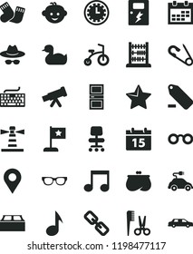 solid black flat icon set calendar vector, clock face, keyboard, spectacles, hat with glasses, remove label, open pin, rubber duck, accessories for a hairstyle, warm socks, children's hairdo, abacus