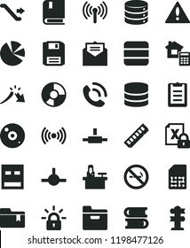 solid black flat icon set warning vector, folder bookmark, e, books, estimate, received letter, big data, phone call, SIM, a crisis, ring diagram, pie charts, encrypting, memory, usb, cd, connect