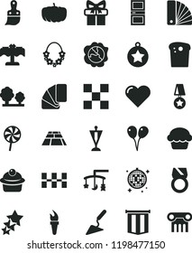 solid black flat icon set toys over the cradle vector, colored air balloons, building trowel, color samples, sample of colour, plastic brush, interroom door, tile, ceramic tiles, paving slab, heart