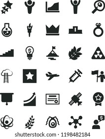 solid black flat icon set flask vector, molecule, atom, nuclear, satellite, bactery, artifical insimination, growth graph, biology, syringe, presentation board, patente, flame torch, winner, idea