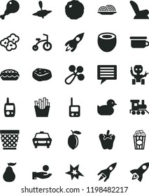 solid black flat icon set image of thought vector, wicker pot, baby rattle, car child seat, duckling, toy phone, mobile, children's potty, train, small yule, bicycle, onion, apple pie, chicken leg