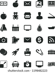 solid black flat icon set bell vector, camera, envelope, roll, rss feed, open pin, bath, teddy bear, fence, picture, car, expand, biscuit, apricot, tasty plum, part of guava, battery, woman, dollar