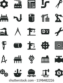 solid black flat icon set crane vector, tower, hook, gears, cogwheel, adjustable wrench, sewerage, working oil derrick, valve, water pipes, factory, hydroelectricity, industrial building, enterprise