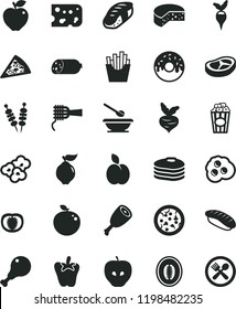 solid black flat icon set plates and spoons vector, sausage, piece of cheese, fried vegetables on sticks, pizza, noodles, glazed cake with a hole, chicken leg, thigh, bacon, peper, French fries, cup