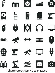 solid black flat icon set camera vector, keyboard, cordless drill, power socket type b, f, plummet, headphones, screen, lens, battery, plug, electric, assembly robot, SIM, cast iron radiator, fan