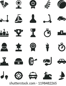 solid black flat icon set stopwatch vector, bath ball, motor vehicle, Kick scooter, child, warm hat, car, pedestal, racer, retro, flame torch, laurel branch, winner podium, prize, cup, gold, pawn