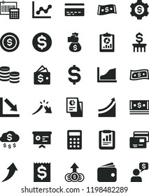 solid black flat icon set bank card vector, graph, negative chart, calculation, cards, coins, a crisis, statistical report, overview, denomination of the dollar, financial item, wallet, cash, growth