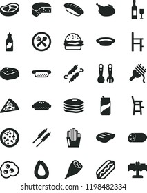 solid black flat icon set a chair for feeding vector, child, plastic fork spoons, sausage, stick of, cheese, pizza, piece, Hot Dog, mini, burger, spaghetti, pie, plate, chicken, grill leg, bacon
