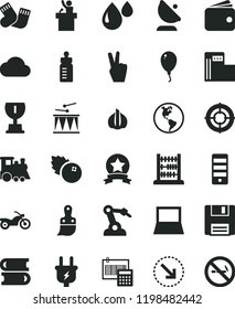 solid black flat icon set feeding bottle vector, warm socks, children's train, balloon, drumroll, books, abacus, plastic brush, calculation, right bottom arrow, blueberries, garlic, planet Earth